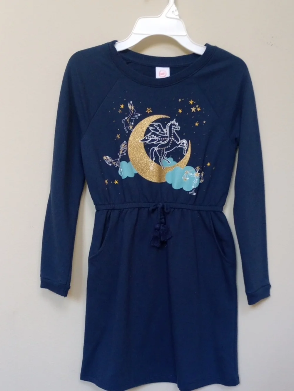 Wonder Nation Girls Navy Sparkle Moon & Pegasus Drawstring Dress